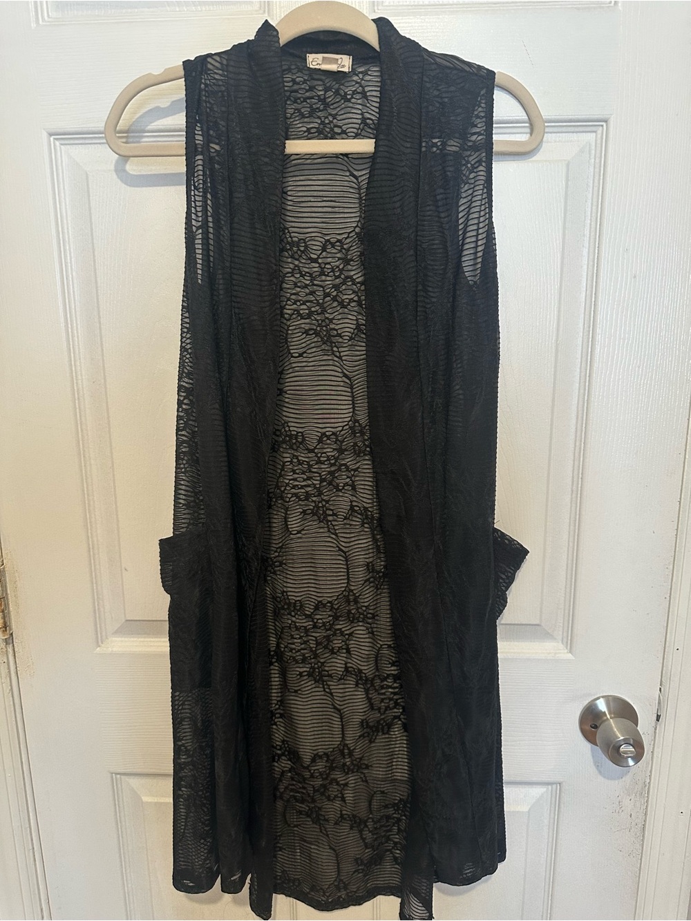 Sheer Floral Lace Open-Front Vest Robe in Black